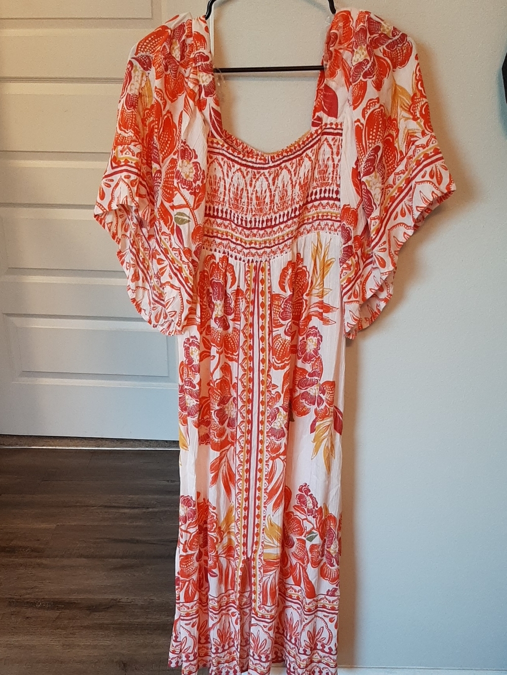 Angie White Maxi Dress with Orange & Yellow Floral Print Flowy & Summer Perfect!